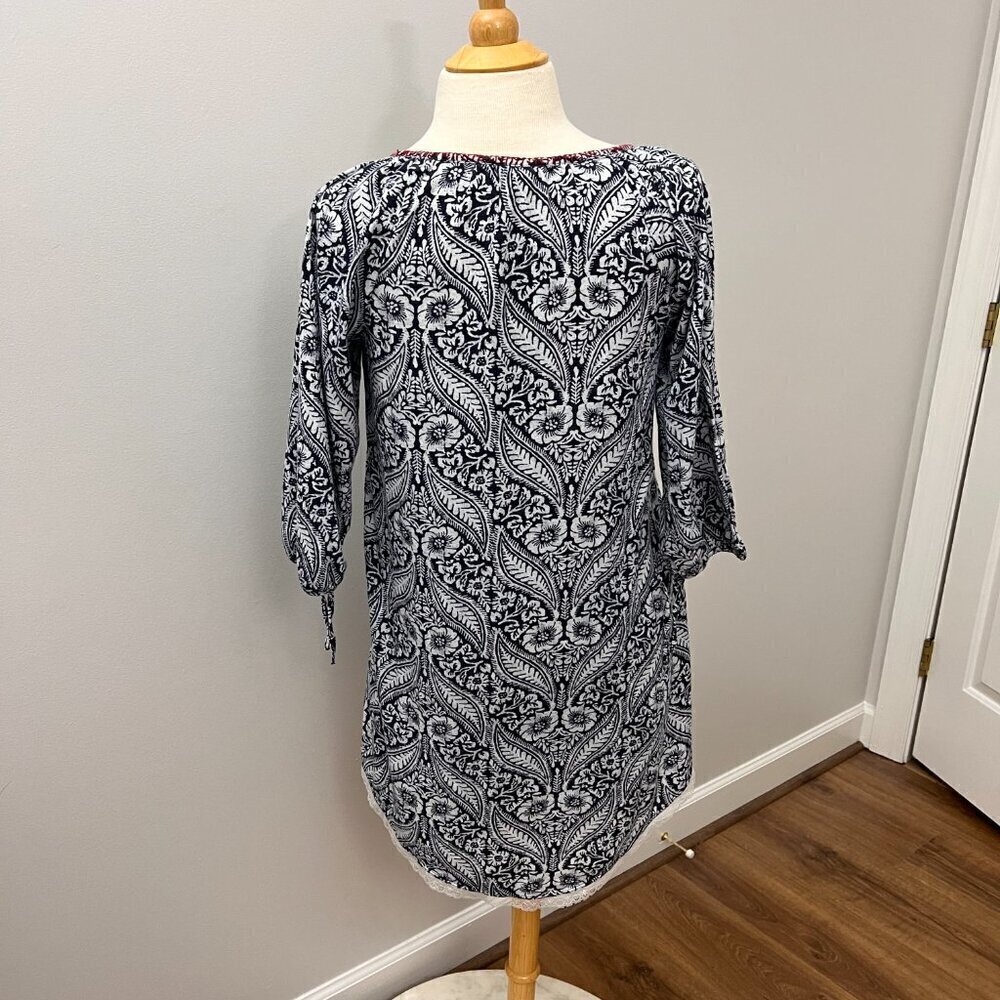 Lucky Brand Blue White Floral Tassel Tie 3/4 Sleeve Mini Dress Cover up Size S - Picture 12 of 12